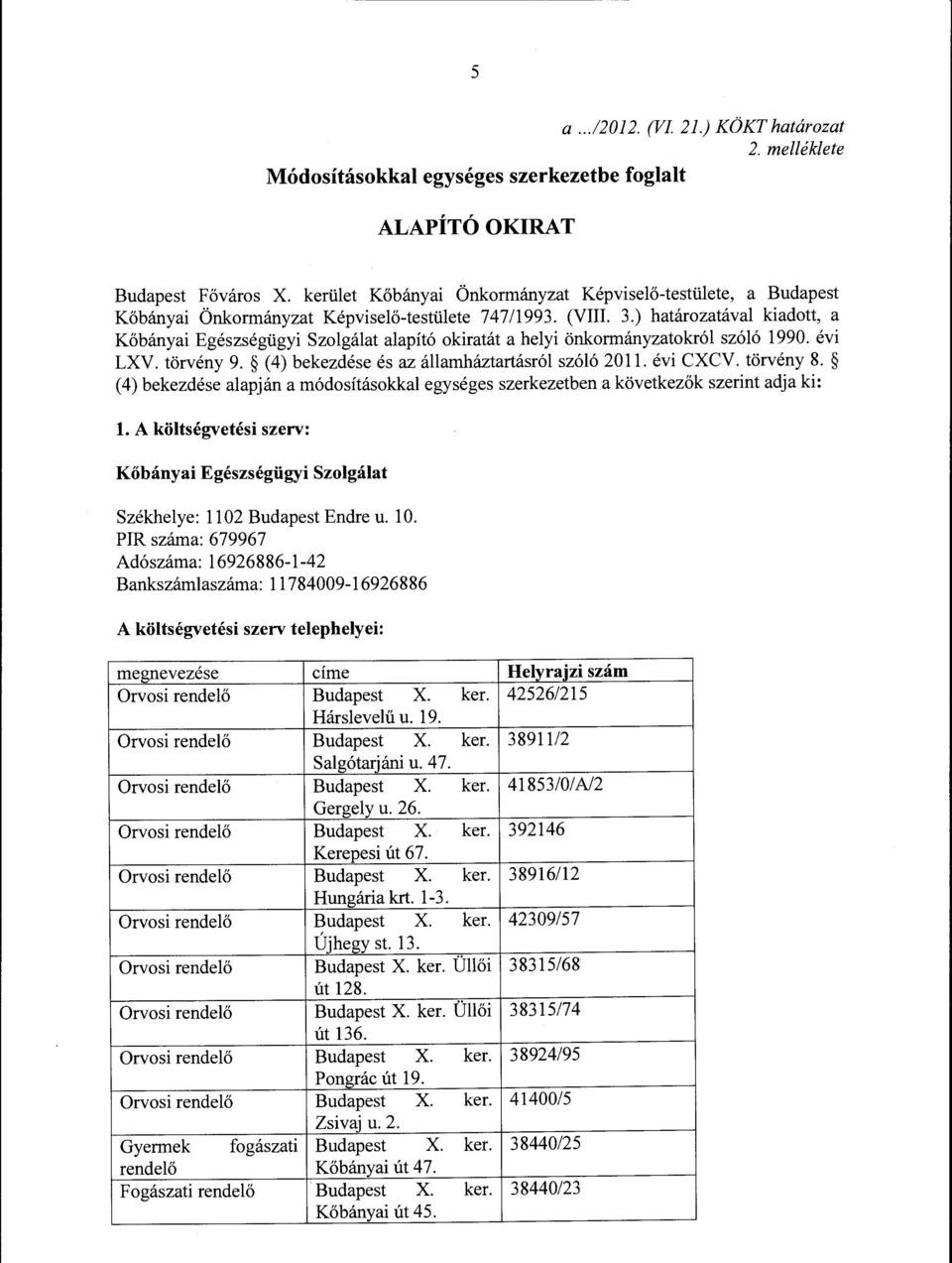 ) határozatával kiadott, a Kőbányai Egészségügyi Szolgálat alapító okiratát a helyi önkormányzatokról szóló 1990. évi LXV. törvény 9. (4) bekezdése és az államháztartásról szóló 2011. évi CXCV.