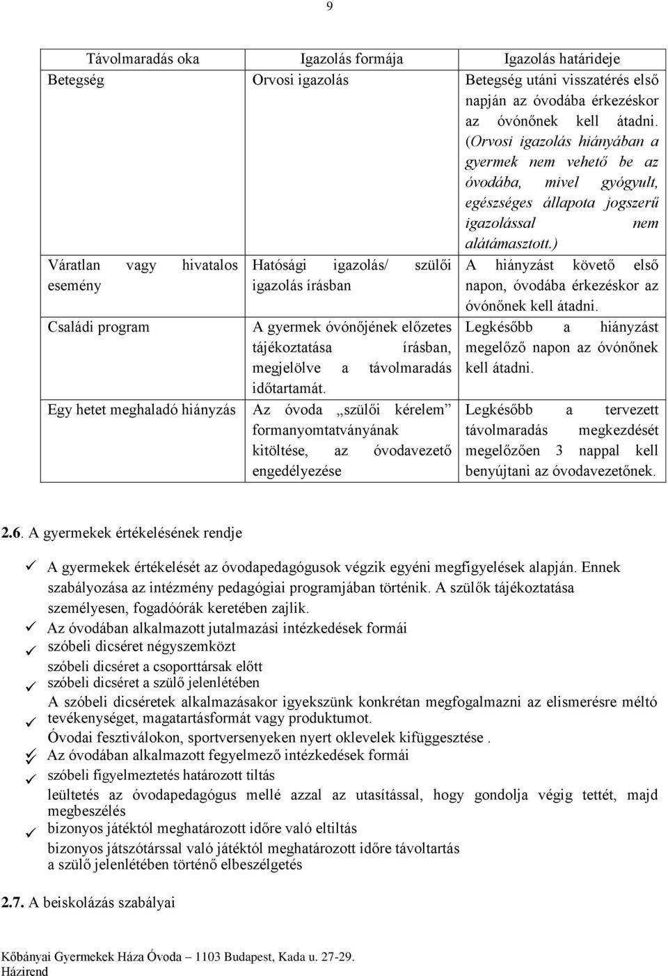 ) Váratlan vagy hivatalos esemény Családi program Egy hetet meghaladó hiányzás Hatósági igazolás/ szülői igazolás írásban A gyermek óvónőjének előzetes tájékoztatása írásban, megjelölve a
