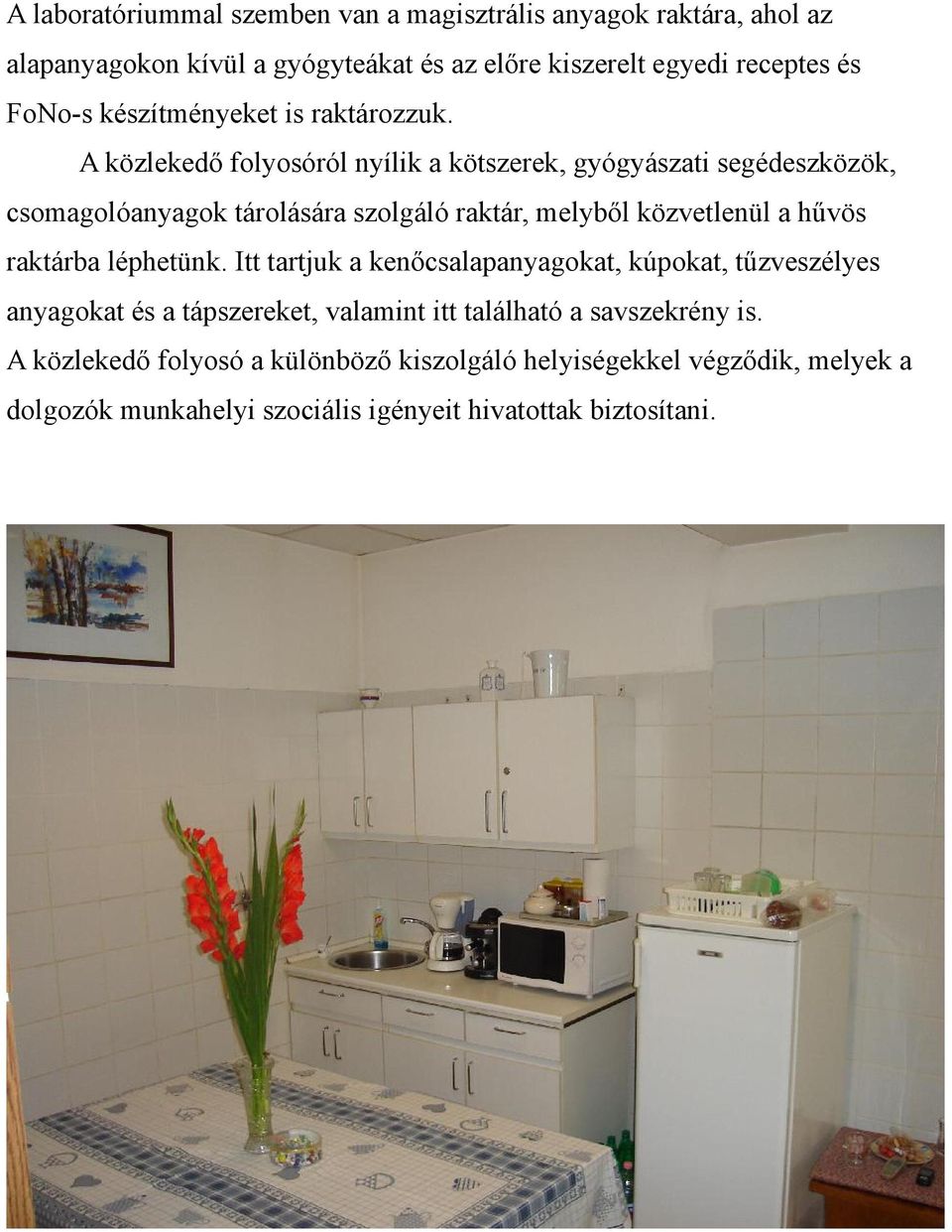A közlekedő folyosóról nyílik a kötszerek, gyógyászati segédeszközök, csomagolóanyagok tárolására szolgáló raktár, melyből közvetlenül a hűvös raktárba