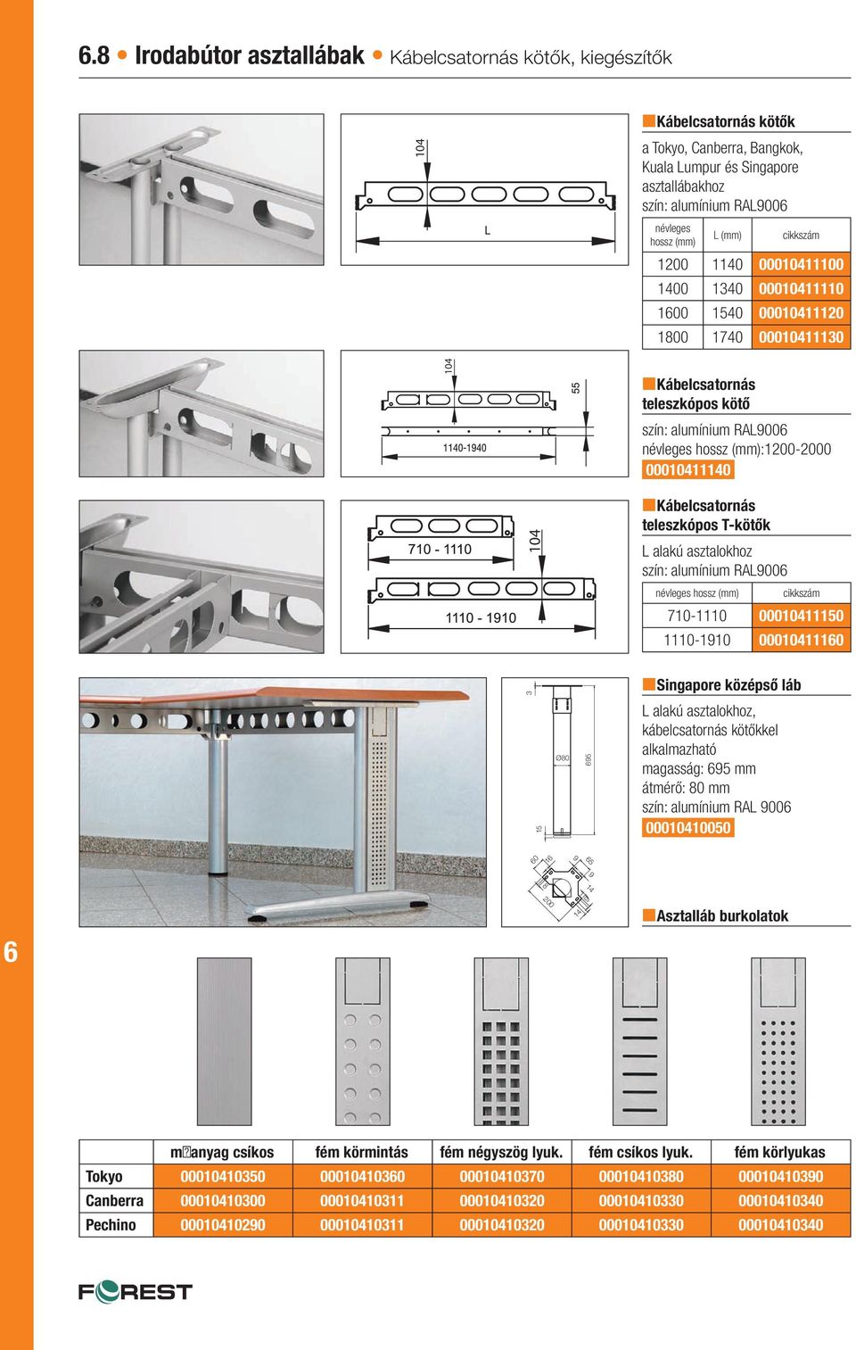 00010411140 104 nkábelcsatornás teleszkópos T-kötők L alakú asztalokhoz szín: alumínium RAL900 névleges hossz (mm) cikkszám 710-1110 00010411150 1110-1910 0001041110 3 nsingapore középső láb 15 Ø80