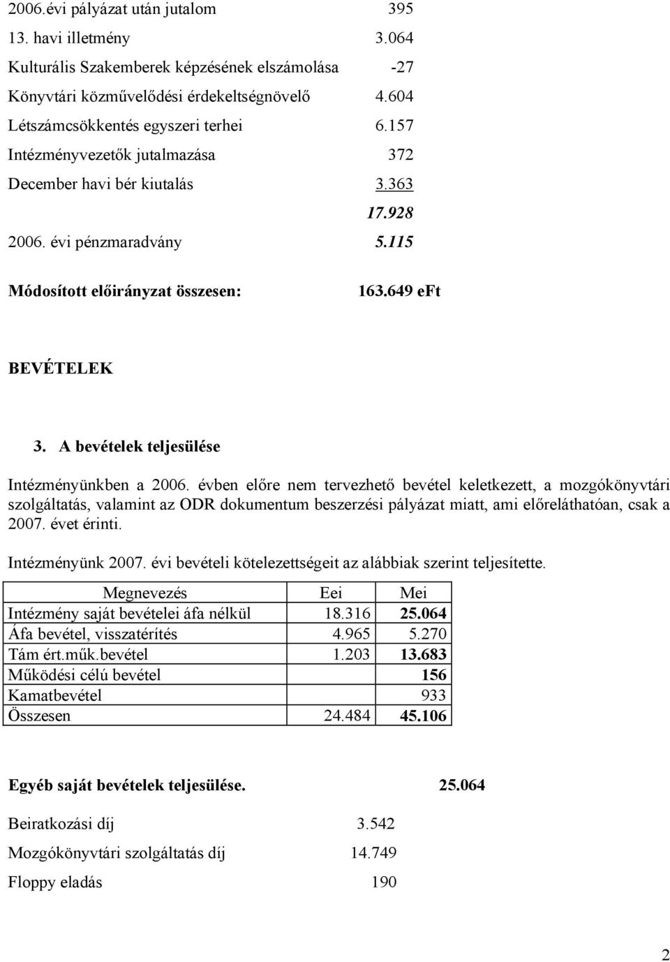 A bevételek teljesülése Intézményünkben a 2006.