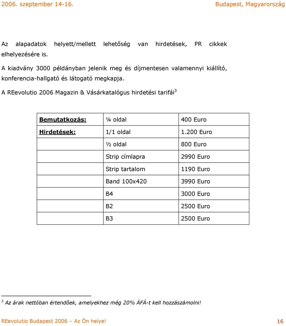 A REevolutio 2006 Magazin & Vásárkatalógus hirdetési tarifái 3 Bemutatkozás: ¼ oldal 400 Euro Hirdetések: 1/1 oldal 1.