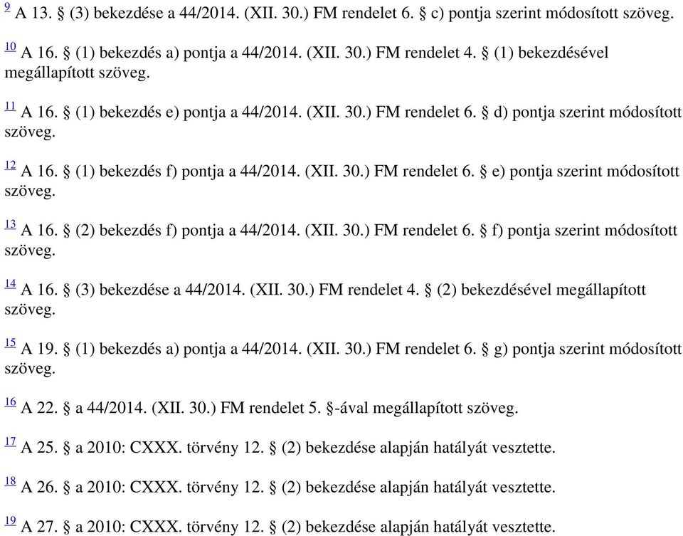 (2) bekezdés f) pontja a 44/2014. (XII. 30.) FM rendelet 6. f) pontja szerint módosított 14 A 16. (3) bekezdése a 44/2014. (XII. 30.) FM rendelet 4. (2) bekezdésével megállapított 15 A 19.