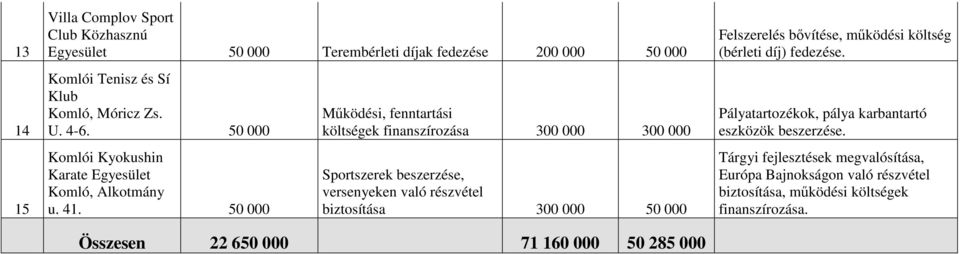 50 000 Működési, fenntartási költségek finanszírozása 300 000 300 000 Sportszerek beszerzése, versenyeken való részvétel biztosítása 300 000 50 000 Összesen