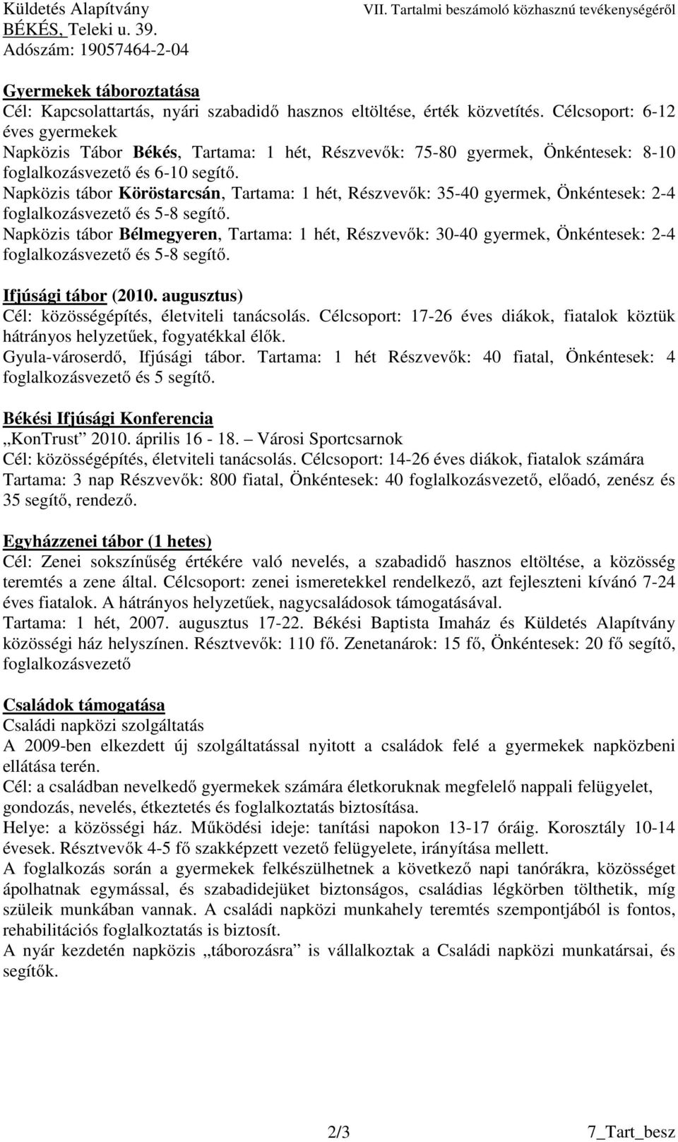 Célcsoport: 6-12 éves gyermekek Napközis Tábor Békés, Tartama: 1 hét, Részvevők: 75-80 gyermek, Önkéntesek: 8-10 foglalkozásvezető és 6-10 segítő.