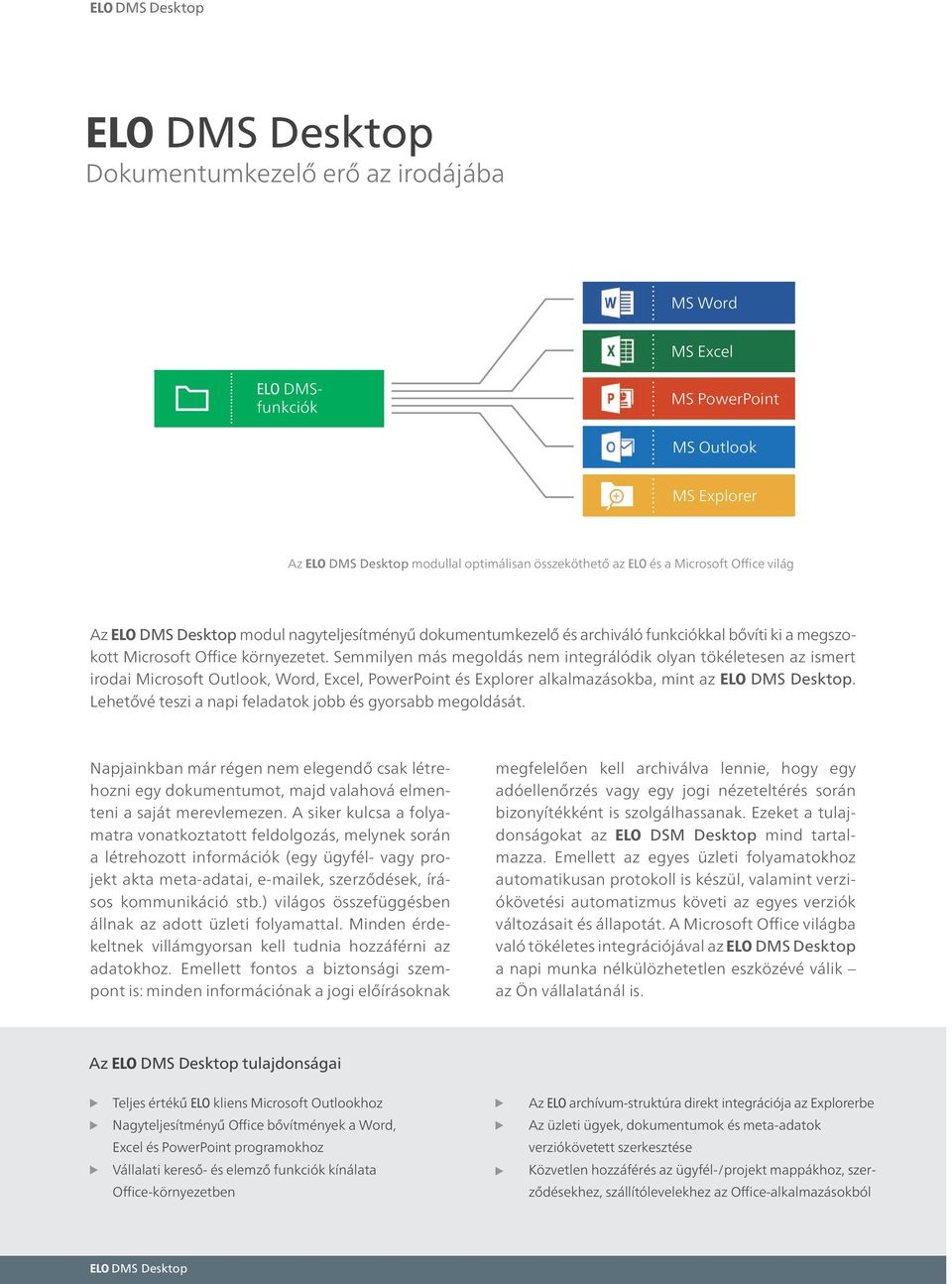 Semmilyen más megoldás nem integrálódik olyan tökéletesen az ismert irodai Microsoft Outlook, Word, Excel, PowerPoint és Explorer alkalmazásokba, mint az ELO DMS Desktop.