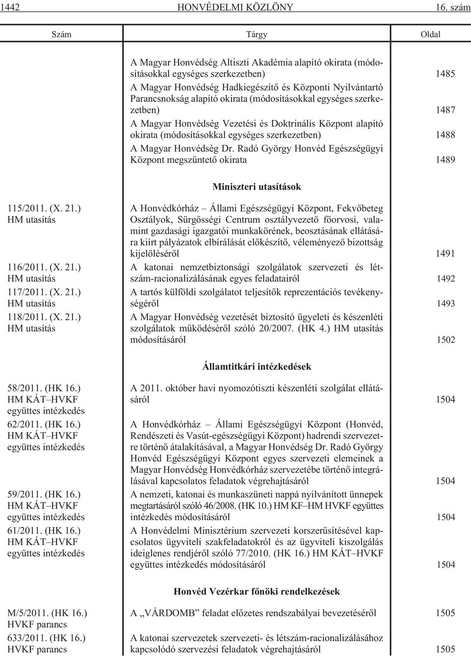 okirata (módosításokkal egységes szerkezetben) 1487 A Magyar Honvédség Vezetési és Doktrinális Központ alapító okirata (módosításokkal egységes szerkezetben) 1488 A Magyar Honvédség Dr.