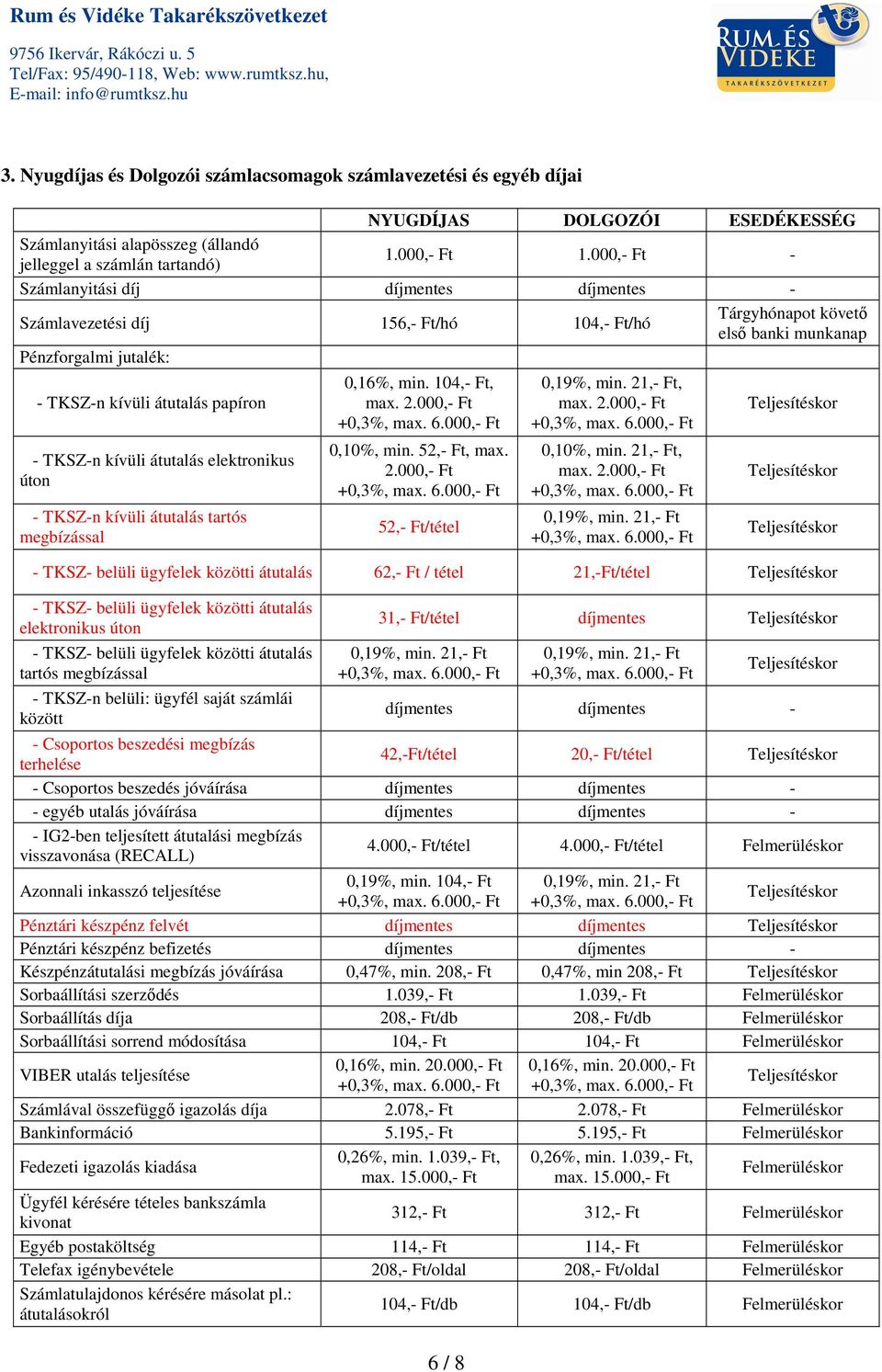 TKSZ-n kívüli átutalás tartós megbízással 0,16%, min. 104,- Ft, max. 52,- Ft/tétel 6 / 8, max. 0,10%, min. 21,- Ft, max.
