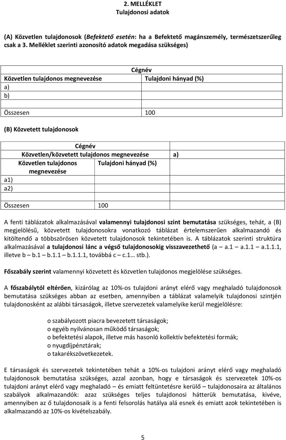 tulajdonos megnevezése a) Közvetlen tulajdonos Tulajdoni hányad (%) megnevezése Összesen 100 A fenti táblázatok alkalmazásával valamennyi tulajdonosi szint bemutatása szükséges, tehát, a (B)