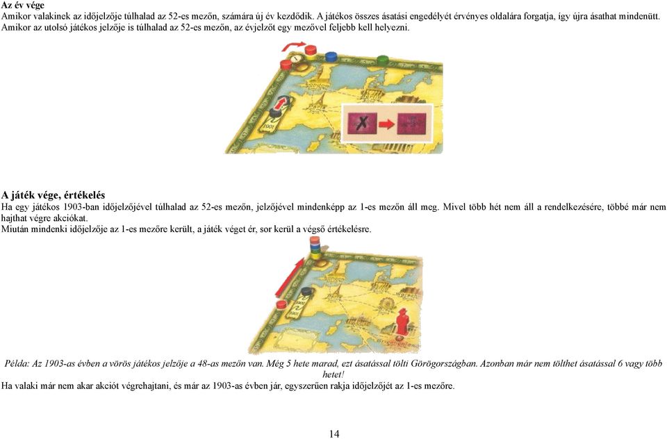 A játék vége, értékelés Ha egy játékos 1903-ban időjelzőjével túlhalad az 52-es mezőn, jelzőjével mindenképp az 1-es mezőn áll meg.