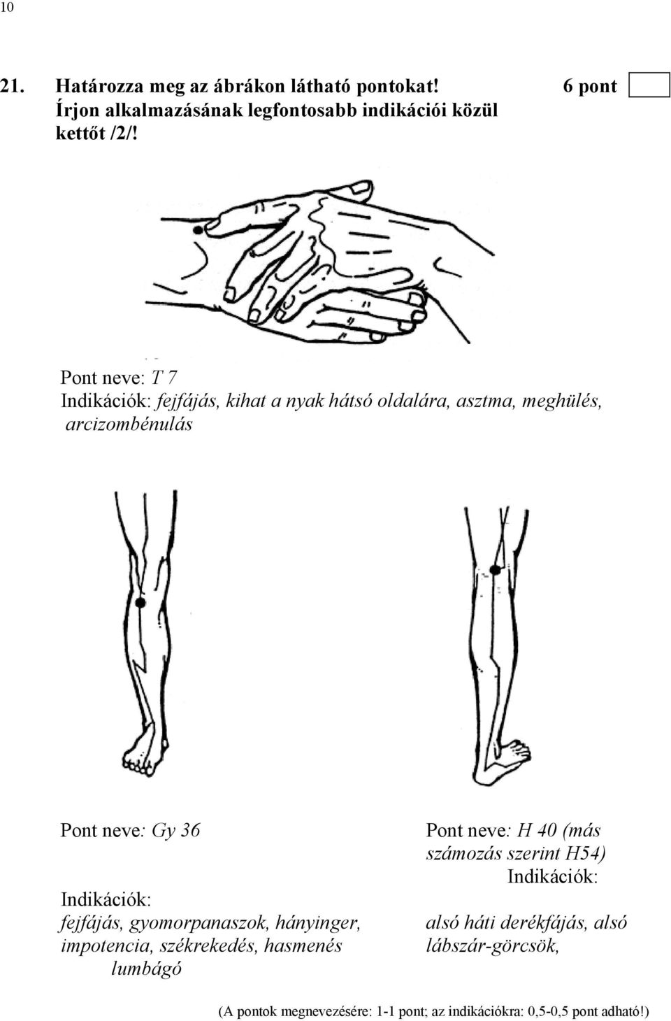 Indikációk: fejfájás, gyomorpanaszok, hányinger, impotencia, székrekedés, hasmenés lumbágó Pont neve: H 40 (más számozás