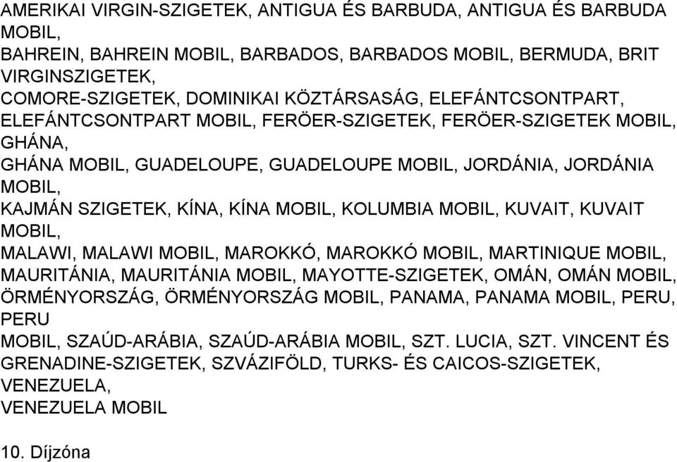 KÍNA KOLUMBIA KUVAIT, KUVAIT MALAWI, MALAWI MAROKKÓ, MAROKKÓ MARTINIQUE MAURITÁNIA, MAURITÁNIA MAYOTTE-SZIGETEK, OMÁN, OMÁN ÖRMÉNYORSZÁG, ÖRMÉNYORSZÁG PANAMA,