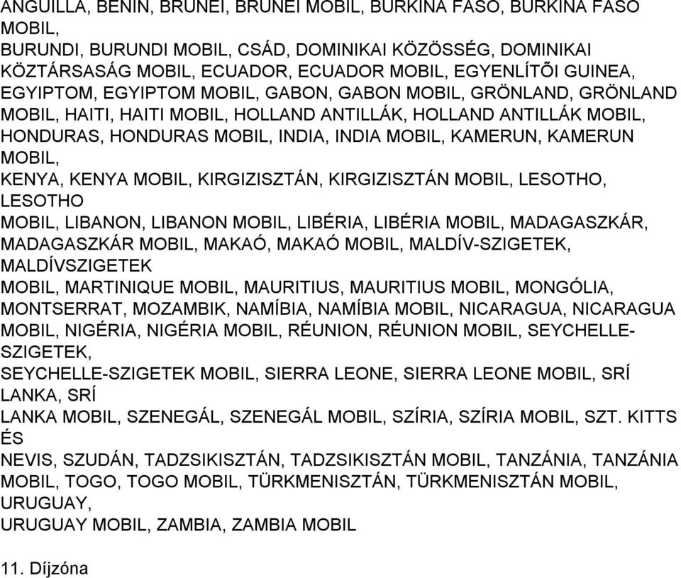 LIBÉRIA MADAGASZKÁR, MADAGASZKÁR MAKAÓ, MAKAÓ MALDÍV-SZIGETEK, MALDÍVSZIGETEK MARTINIQUE MAURITIUS, MAURITIUS MONGÓLIA, MONTSERRAT, MOZAMBIK, NAMÍBIA, NAMÍBIA NICARAGUA, NICARAGUA NIGÉRIA, NIGÉRIA