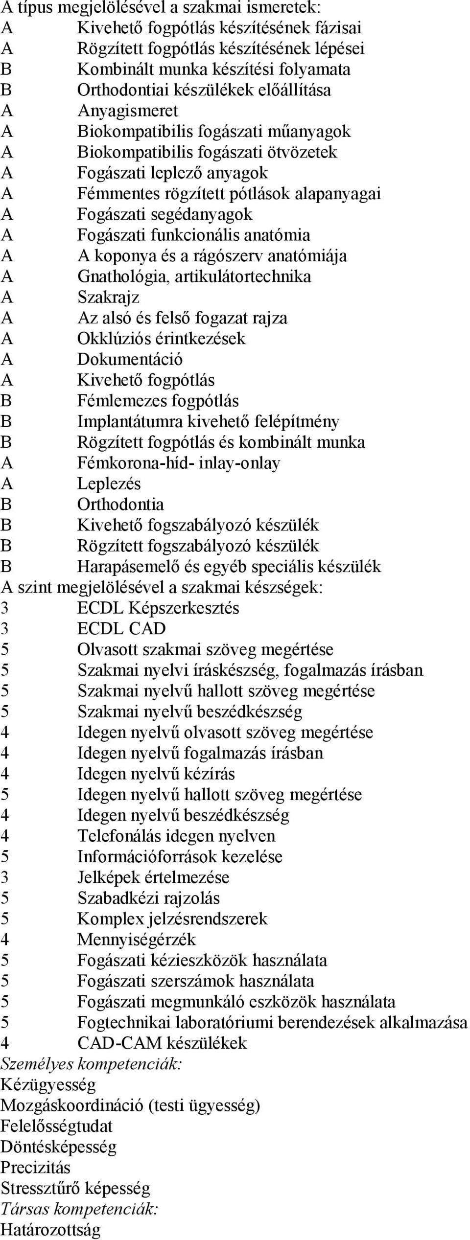 A Fogászati funkcionális anatómia A A koponya és a rágószerv anatómiája A Gnathológia, artikulátortechnika A Szakrajz A Az alsó és felső fogazat rajza A Okklúziós érintkezések A Dokumentáció A