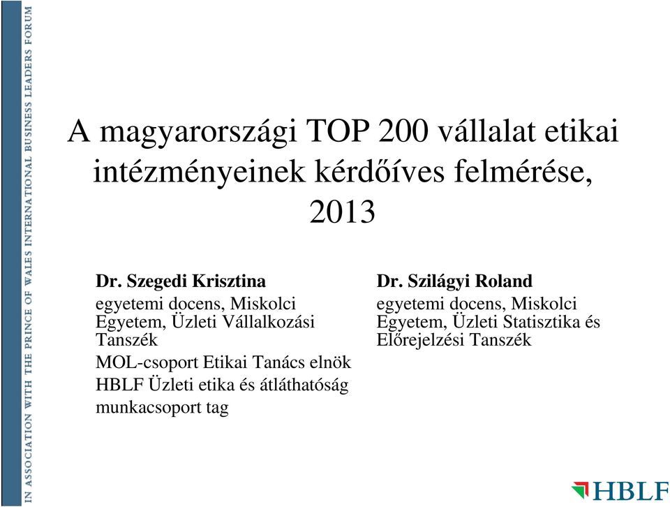 MOL-csoport Etikai Tanács elnök HBLF Üzleti etika és átláthatóság munkacsoport tag Dr.