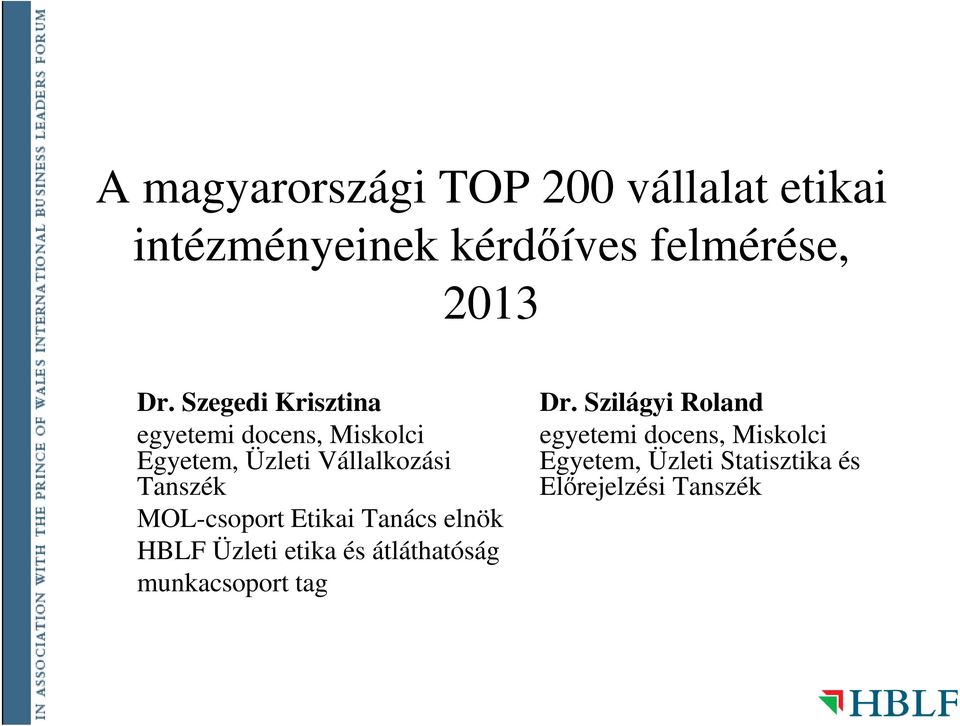 MOL-csoport Etikai Tanács elnök HBLF Üzleti etika és átláthatóság munkacsoport tag Dr.