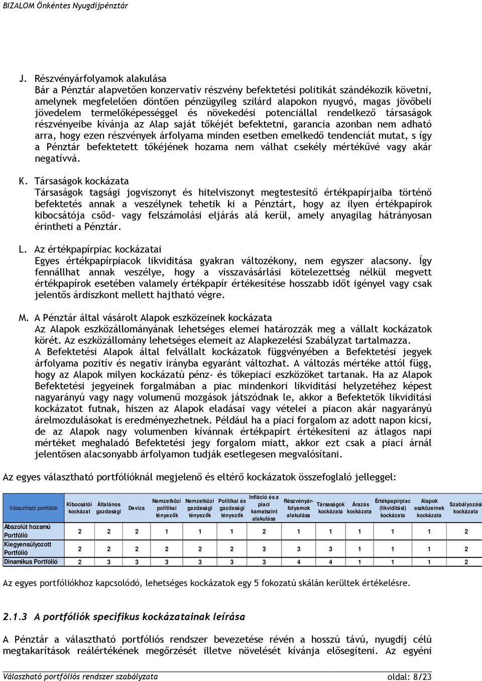 árfolyama minden esetben emelkedő tendenciát mutat, s így a Pénztár befektetett tőkéjének hozama nem válhat csekély mértékűvé vagy akár negatívvá. K.