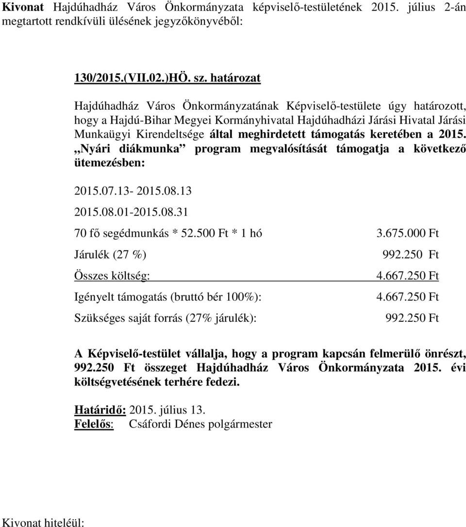 támogatás keretében a 2015. Nyári diákmunka program megvalósítását támogatja a következő ütemezésben: 2015.07.13-2015.08.13 2015.08.01-2015.08.31 70 fő segédmunkás * 52.500 Ft * 1 hó 3.675.