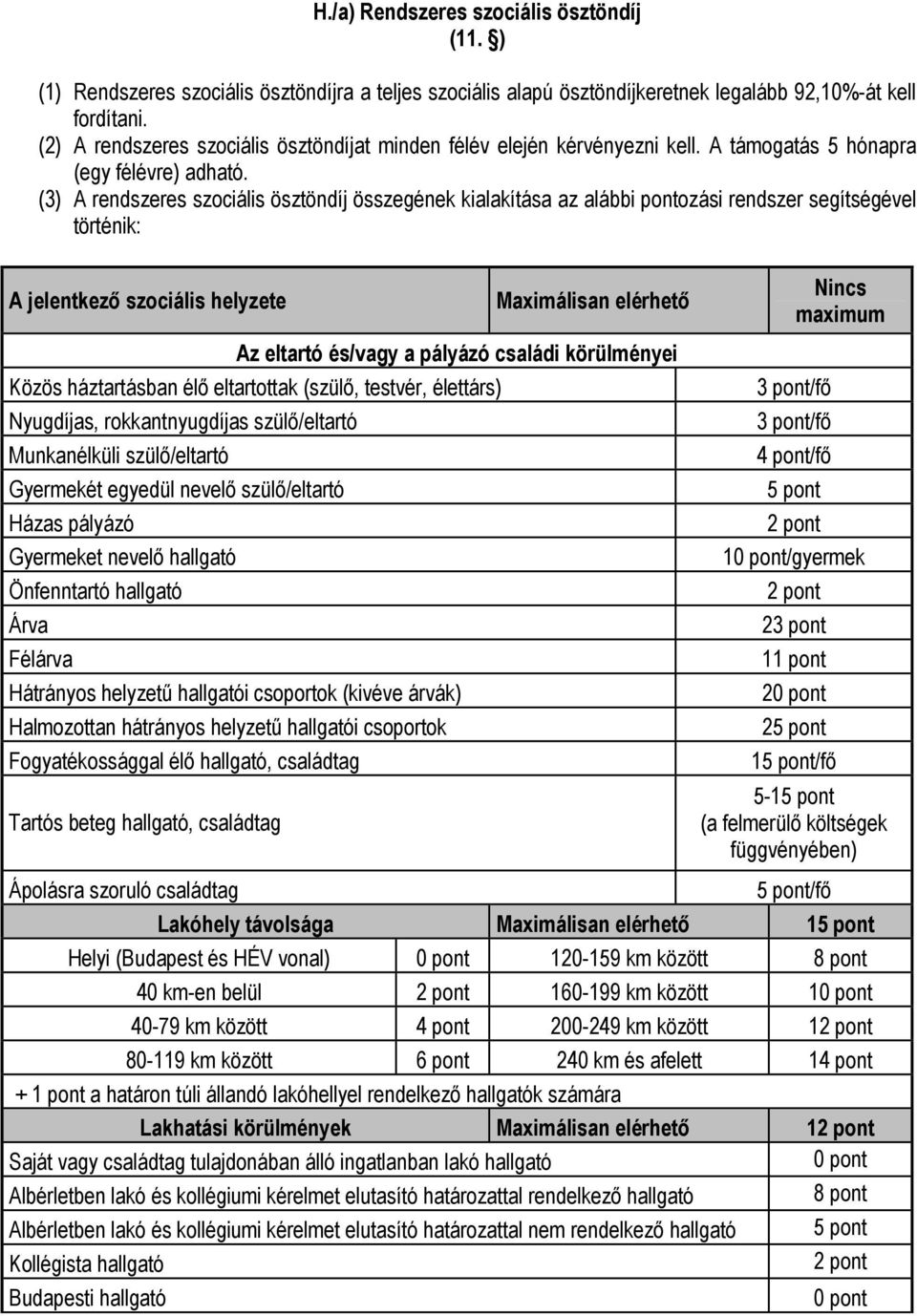 (3) A rendszeres szociális ösztöndíj összegének kialakítása az alábbi pontozási rendszer segítségével történik: A jelentkező szociális helyzete Maximálisan elérhető Az eltartó és/vagy a pályázó