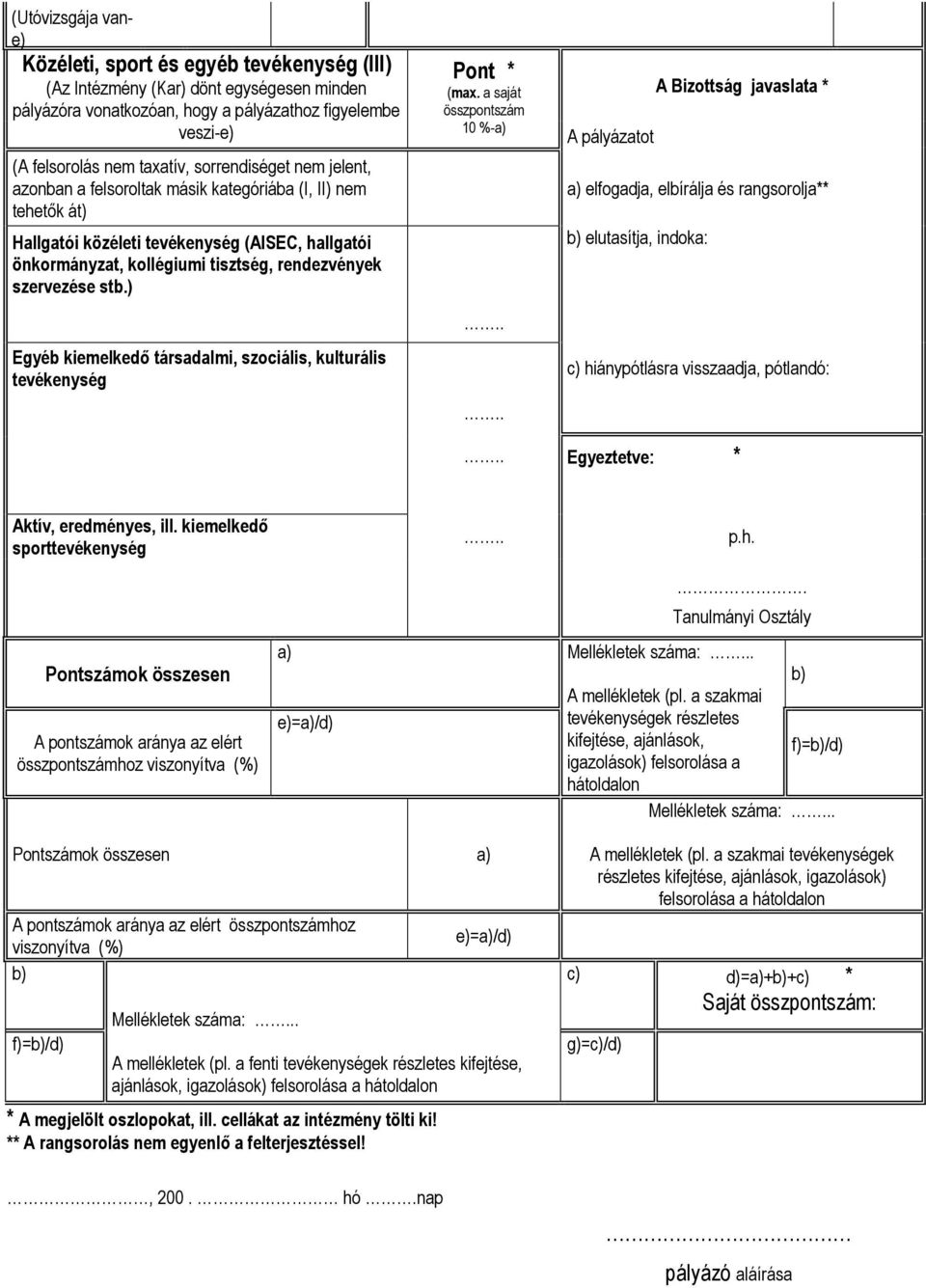 stb.) Egyéb kiemelkedő társadalmi, szociális, kulturális tevékenység Pont * (max. a saját összpontszám 10 %-a).