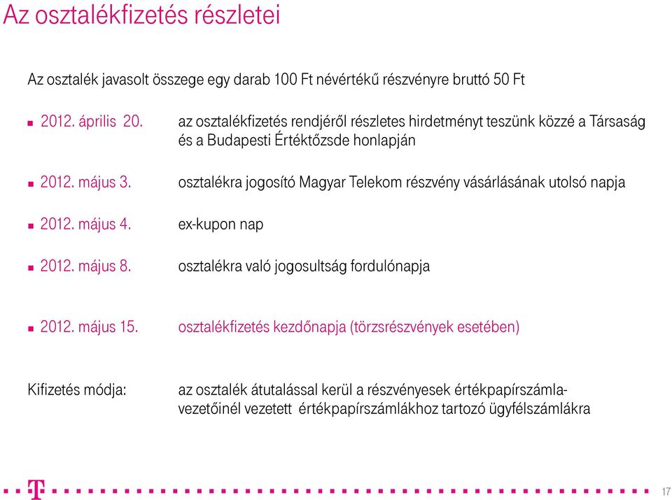 osztalékra jogosító Magyar Telekom részvény vásárlásának utolsó napja ex-kupon nap osztalékra való jogosultság fordulónapja 2012. május 15.