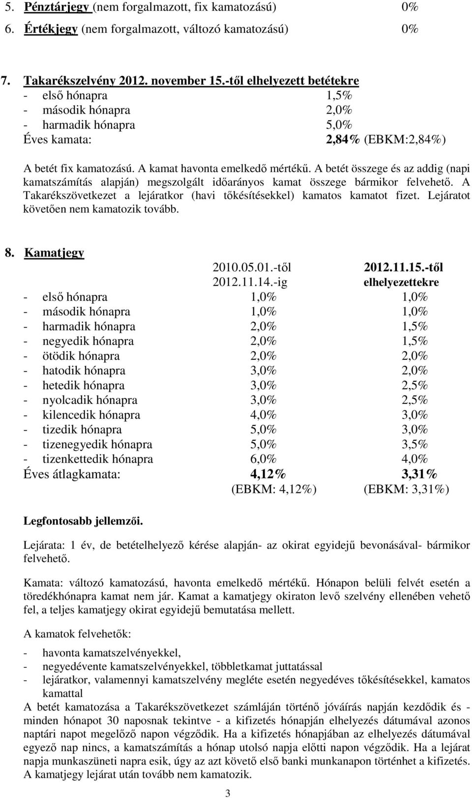 A betét összege és az addig (napi kamatszámítás alapján) megszolgált időarányos kamat összege bármikor felvehető. A Takarékszövetkezet a lejáratkor (havi tőkésítésekkel) kamatos kamatot fizet.