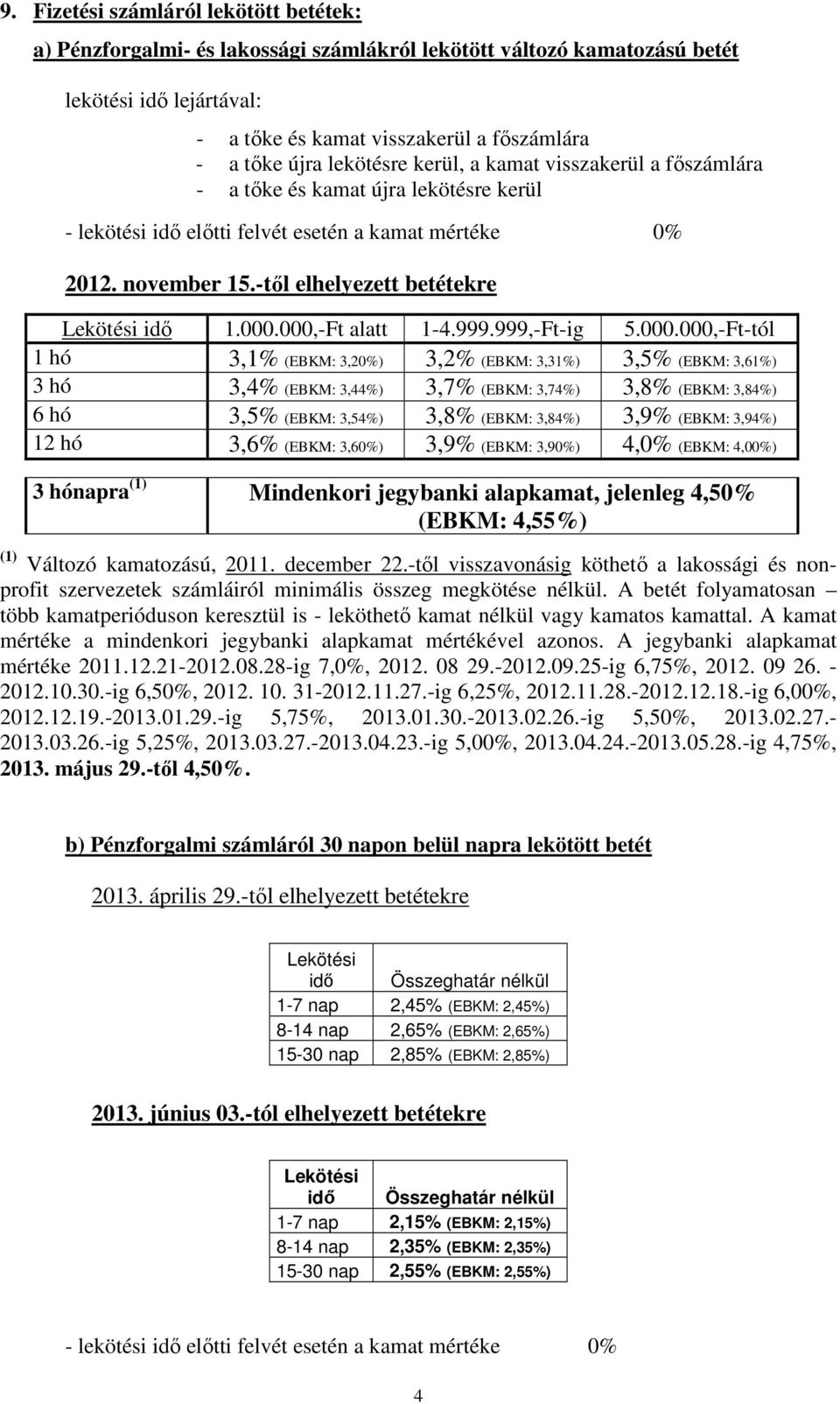 -től elhelyezett betétekre Lekötési idő 1.000.