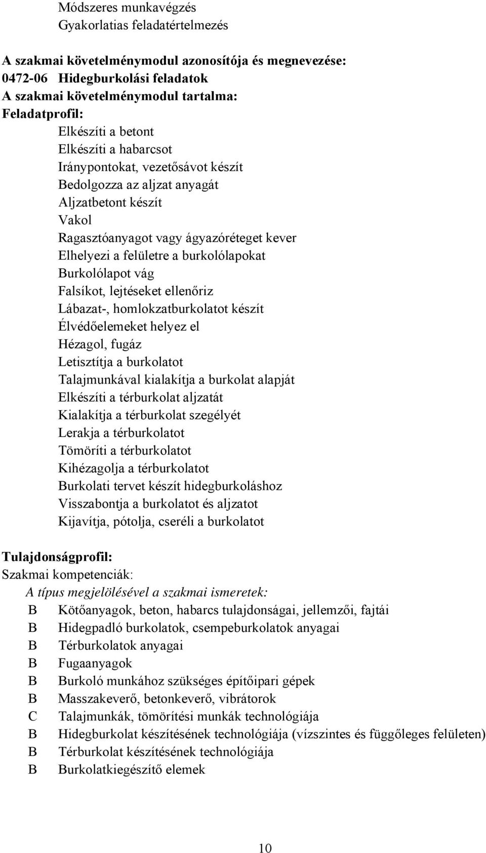 burkolólapokat Burkolólapot vág Falsíkot, lejtéseket ellenőriz Lábazat, homlokzatburkolatot készít Élvédőelemeket helyez el Hézagol, fugáz Letisztítja a burkolatot Talajmunkával kialakítja a burkolat