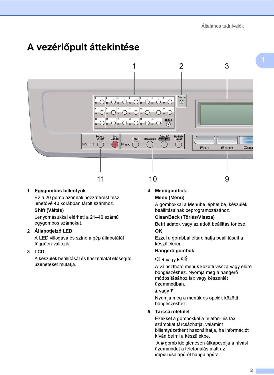 3 LCD A készülék beállítását és használatát elősegítő üzeneteket mutatja. 4 Menügombok: Menu (Menü) A gombokkal a Menübe léphet be, készülék beállításainak beprogramozásához.