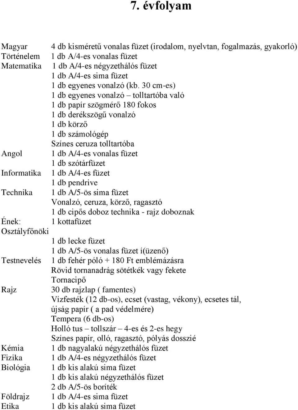 30 cm-es) 1 db egyenes vonalzó tolltartóba való 1 db papír szögmérő 180 fokos 1 db derékszögű vonalzó 1 db körző 1 db számológép Színes ceruza tolltartóba Angol 1 db A/4-es vonalas füzet 1 db