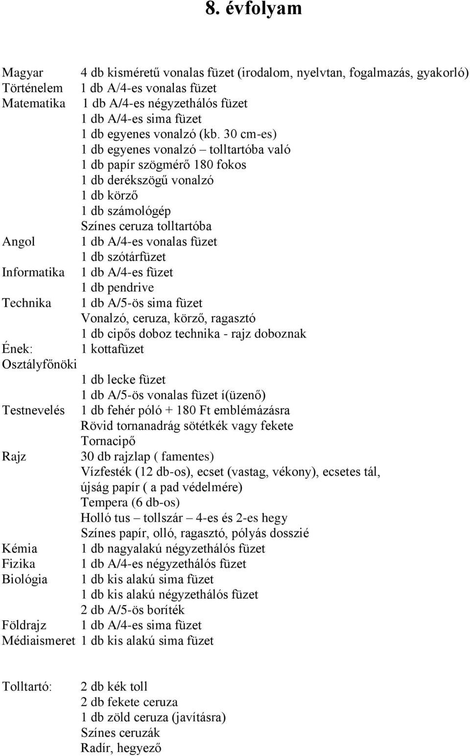 30 cm-es) 1 db egyenes vonalzó tolltartóba való 1 db papír szögmérő 180 fokos 1 db derékszögű vonalzó 1 db körző 1 db számológép Színes ceruza tolltartóba Angol 1 db A/4-es vonalas füzet 1 db