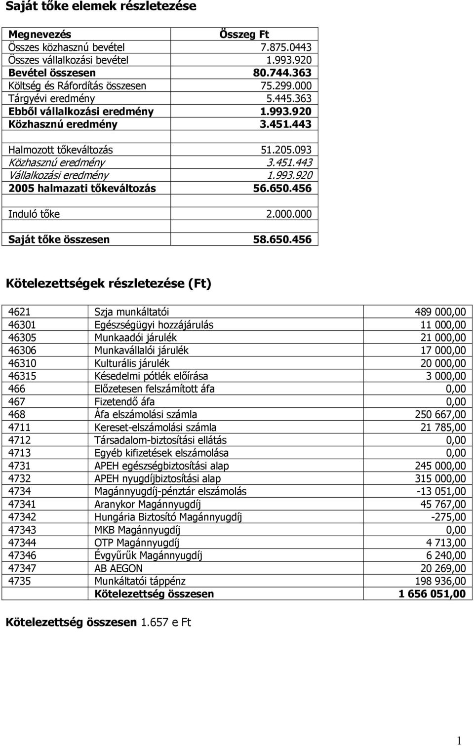 650.456 Induló tőke 2.000.000 Saját tőke összesen 58.650.456 Kötelezettségek részletezése (Ft) 462 Szja munkáltatói 489 000,00 4630 Egészségügyi hozzájárulás 000,00 46305 Munkaadói járulék 2 000,00