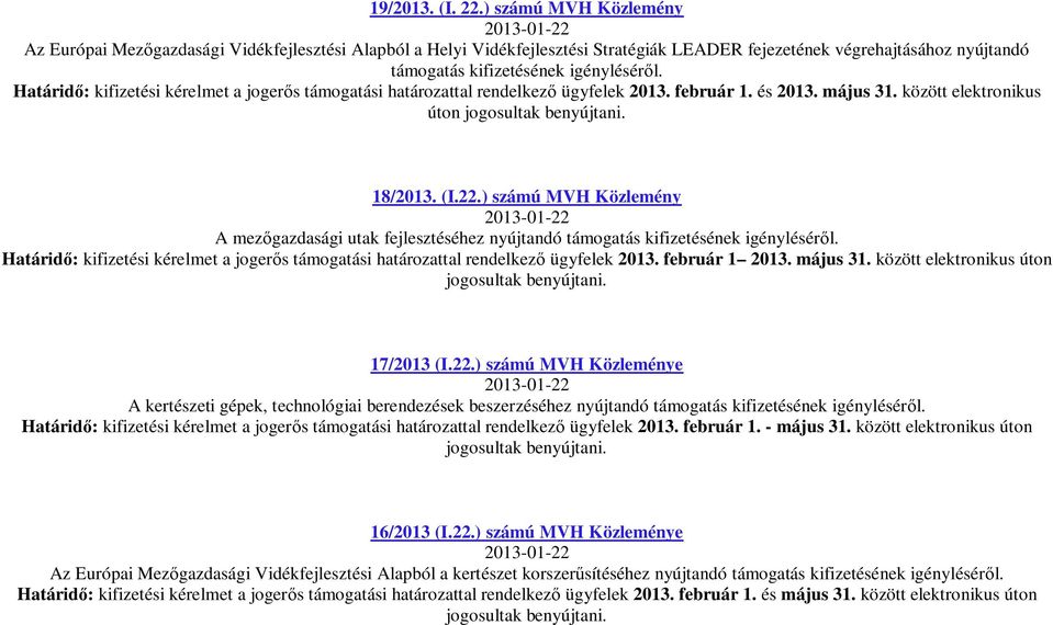 Határid : kifizetési kérelmet a joger s támogatási határozattal rendelkez ügyfelek 2013. február 1. és 2013. május 31. között elektronikus úton 18/2013. (I.22.