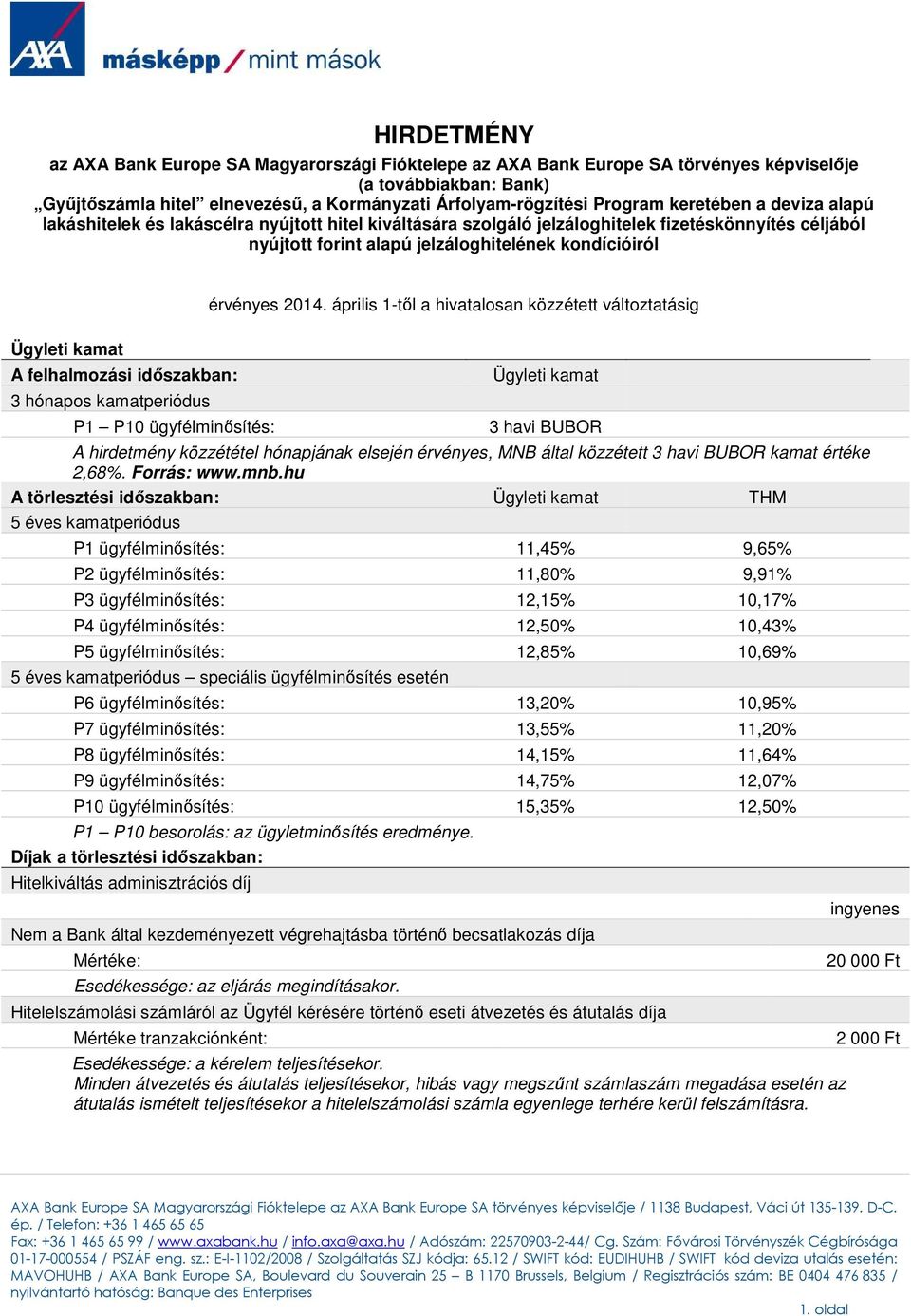 április 1-tıl a hivatalosan közzétett változtatásig Ügyleti kamat A felhalmozási idıszakban: 3 hónapos kamatperiódus P1 P10 ügyfélminısítés: Ügyleti kamat 3 havi BUBOR A hirdetmény közzététel