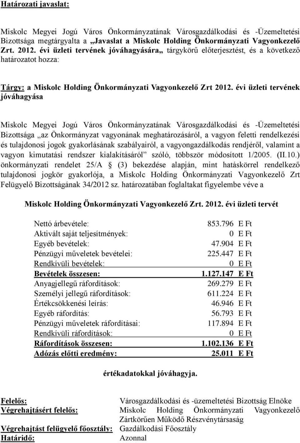 évi üzleti tervének jóváhagyása Miskolc Megyei Jogú Város Önkormányzatának Városgazdálkodási és -Üzemeltetési Bizottsága az Önkormányzat vagyonának meghatározásáról, a vagyon feletti rendelkezési és