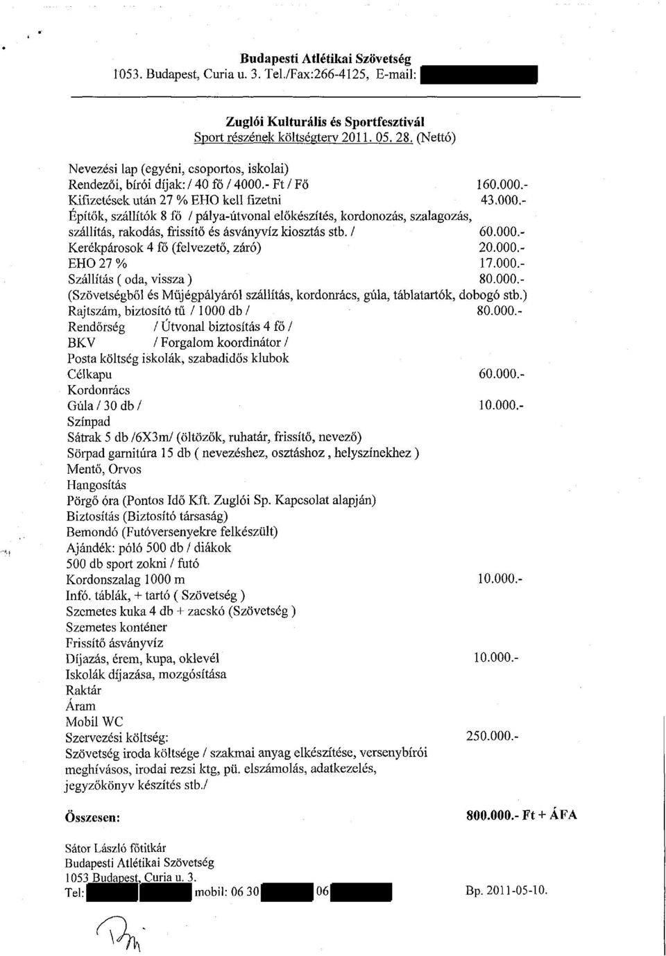 - Ft / Fő 160.000.- Kifizetések után 27 % EHO kell fizetni 43.000.- Építők, szállítók 8 fő / pálya-útvonal előkészítés, kordonozás, szalagozás, szállítás, rakodás, frissítő és ásványvíz kiosztás stb.