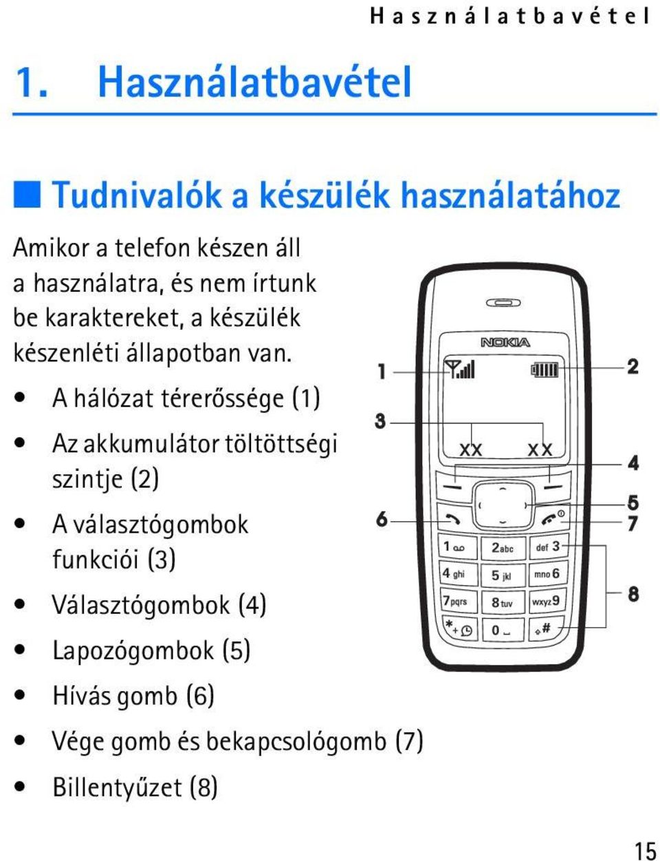 A hálózat térerõssége (1) Az akkumulátor töltöttségi szintje (2) A választógombok funkciói (3)