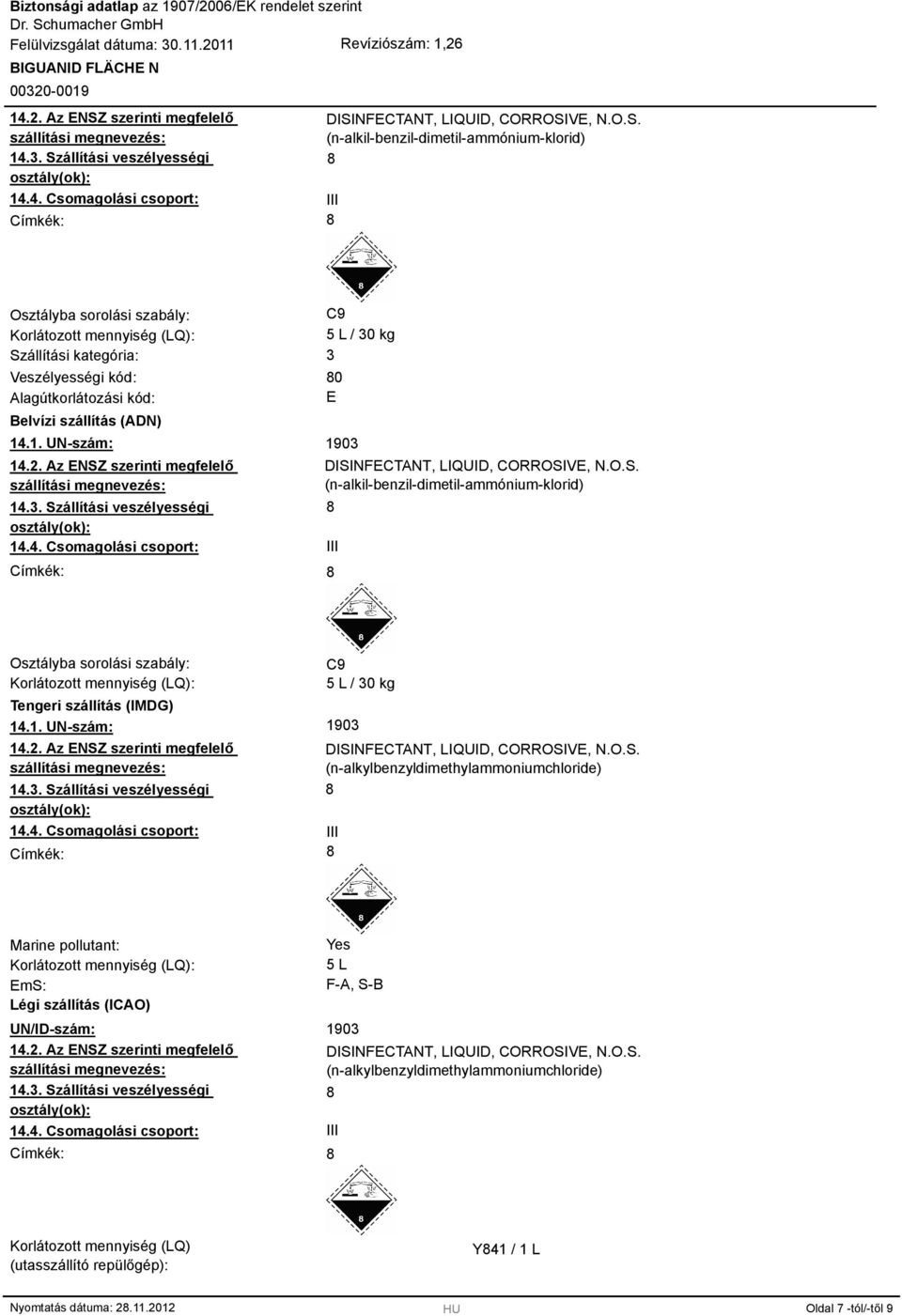 állítási veszélyességi osztály(ok): 14.4. Csomagolási csoport: Címkék: DISI