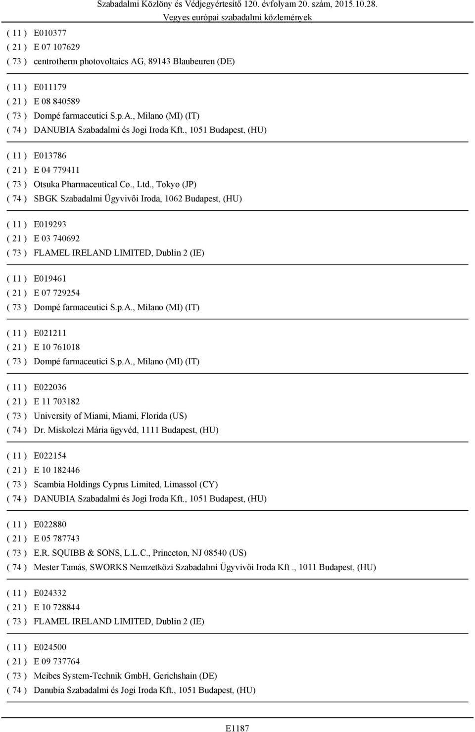 74 ) Dr. Miskolczi Mária ügyvéd, 1111 Budapest, (HU) ( 11 ) E022154 ( 21 ) E 10 182446 ( 73 ) Scambia Holdings Cyprus Limited, Limassol (CY) ( 11 ) E022880 ( 21 ) E 05 787743 ( 73 ) E.R.