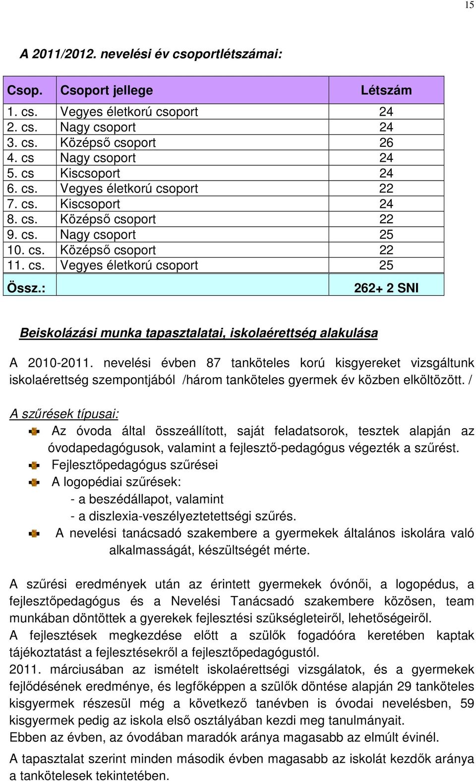 : 262+ 2 SNI Beiskolázási munka tapasztalatai, iskolaérettség alakulása A 2010-2011.