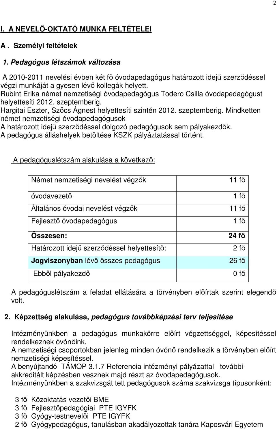 Rubint Erika német nemzetiségi óvodapedagógus Todero Csilla óvodapedagógust helyettesíti 2012. szeptemberig.