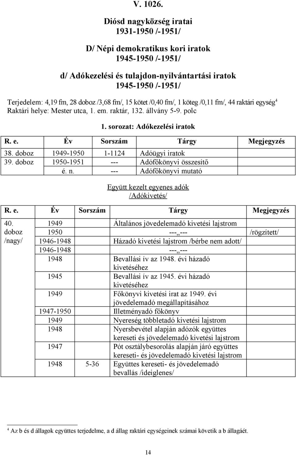 kötet /0,40 fm/, 1 köteg /0,11 fm/, 44 raktári egység 4 Raktári helye: Mester utca, 1. em. raktár, 132. állvány 5-9. polc 1. sorozat: Adókezelési iratok R. e. Év Sorszám Tárgy Megjegyzés 38.