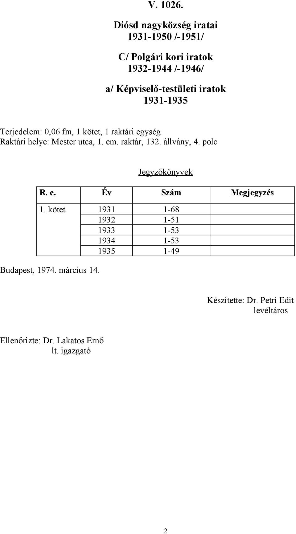 1931-1935 Terjedelem: 0,06 fm, 1 kötet, 1 raktári egység Raktári helye: Mester utca, 1. em. raktár, 132.