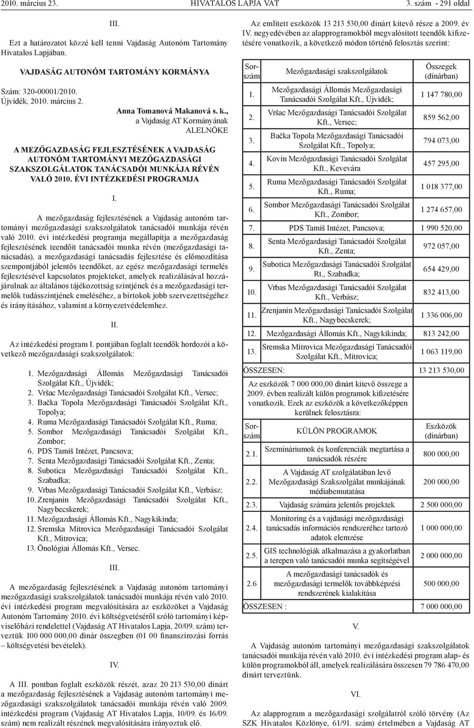 ÉVI INTÉZKEDÉSI PROGRAMJA A mezőgazdaság fejlesztésének a Vajdaság autonóm tartományi mezőgazdasági szakszolgálatok tanácsadói munkája révén való 2010.