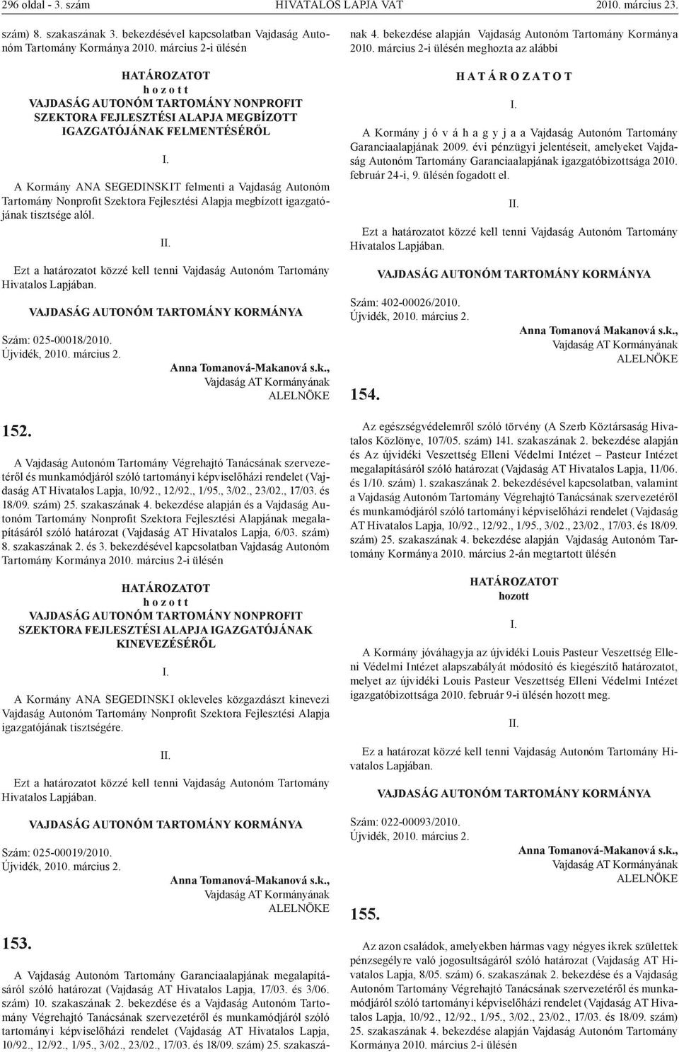 Nonprofit Szektora Fejlesztési Alapja megbízott igazgatójának tisztsége alól. Szám: 025-00018/2010. 152.