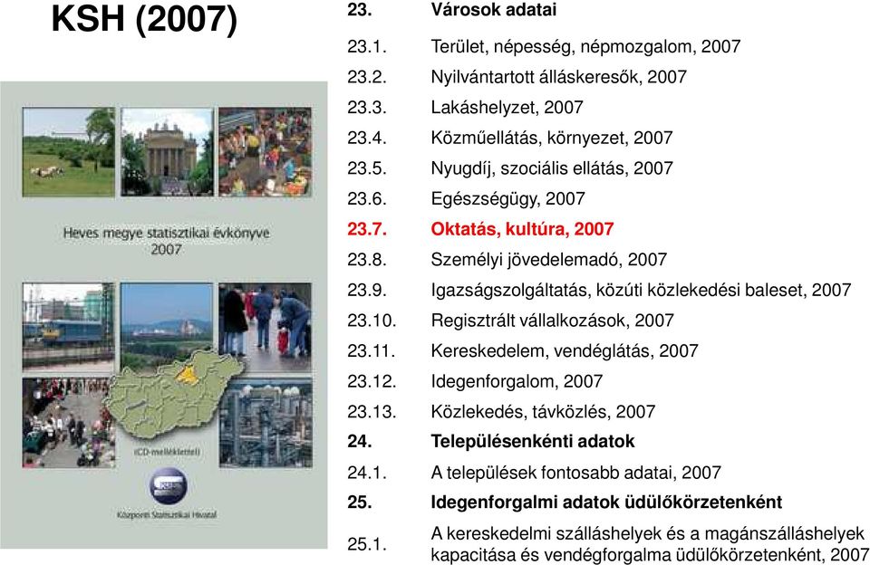 Igazságszolgáltatás, közúti közlekedési baleset, 2007 23.10. Regisztrált vállalkozások, 2007 23.11. Kereskedelem, vendéglátás, 2007 23.12. Idegenforgalom, 2007 23.13.