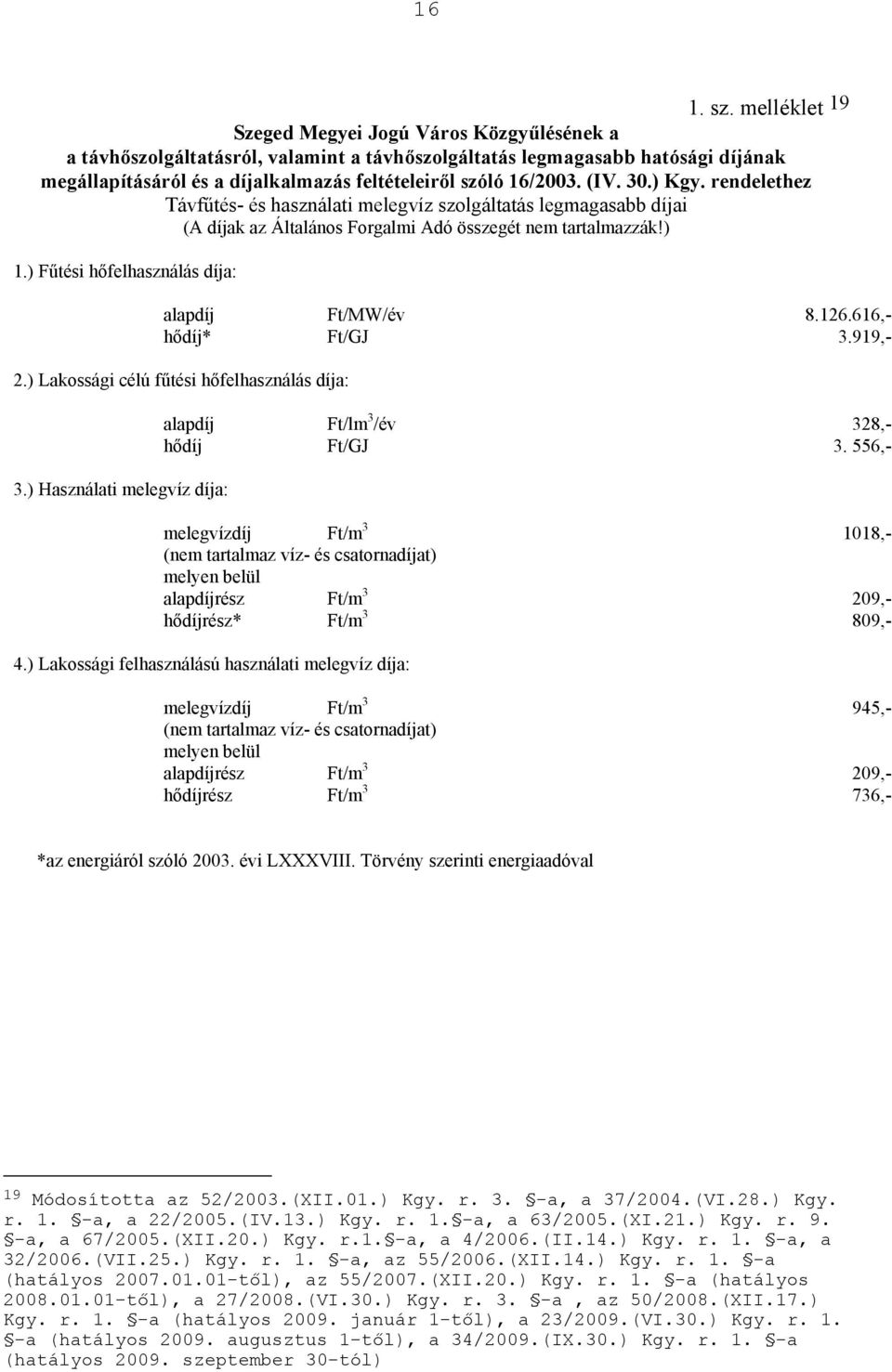 (IV. 30.) Kgy. rendelethez Távfűtés- és használati melegvíz szolgáltatás legmagasabb díjai (A díjak az Általános Forgalmi Adó összegét nem tartalmazzák!) 1.