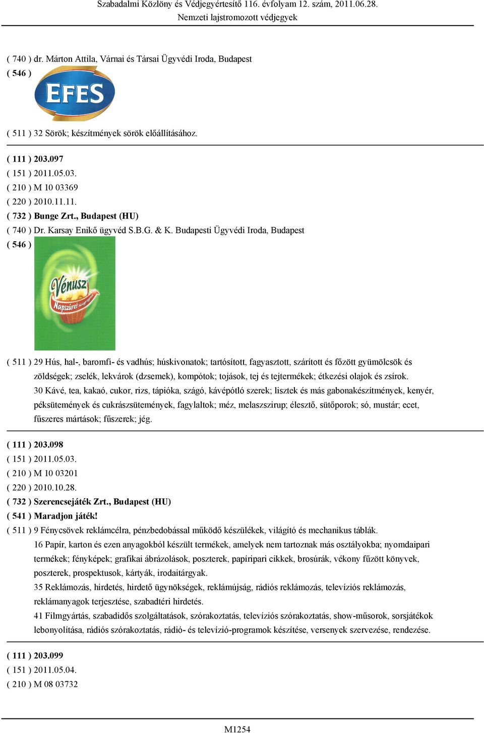 Budapesti Ügyvédi Iroda, Budapest ( 511 ) 29 Hús, hal-, baromfi- és vadhús; húskivonatok; tartósított, fagyasztott, szárított és főzött gyümölcsök és zöldségek; zselék, lekvárok (dzsemek), kompótok;