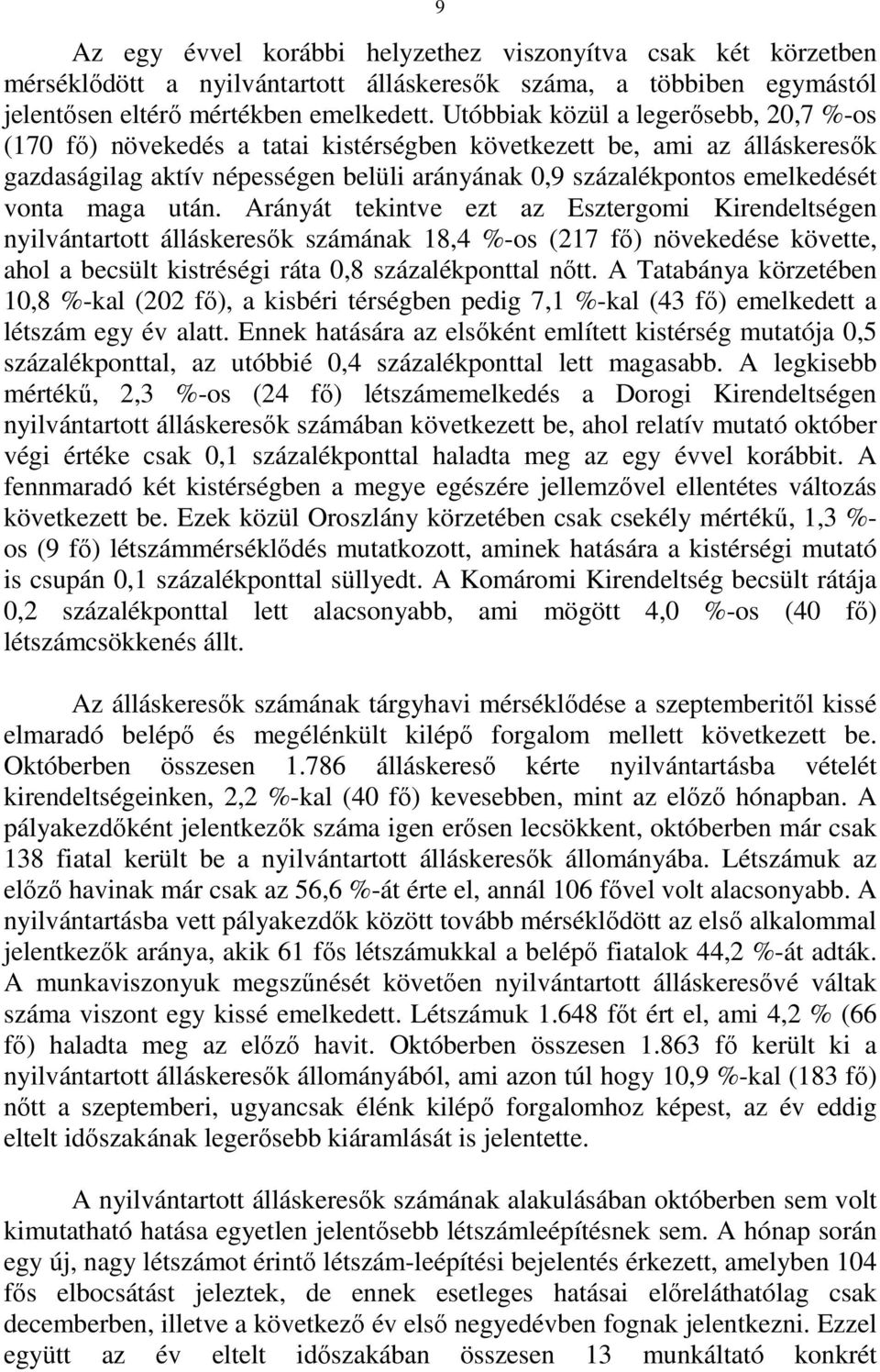 maga után. Arányát tekintve ezt az Esztergomi Kirendeltségen nyilvántartott álláskeresık számának 18,4 %-os (217 fı) növekedése követte, ahol a becsült kistréségi ráta 0,8 százalékponttal nıtt.