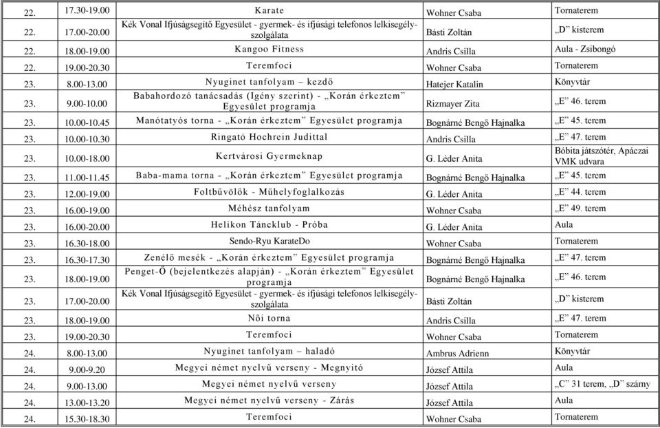 terem 23. 10.00-10.30 Ringató Hochrein Judittal Andris Csilla E 47. terem 23. 10.00-18.00 Kertvárosi Gyermeknap G. Léder Anita Bóbita játszótér, Apáczai VMK udvara 23. 11.00-11.